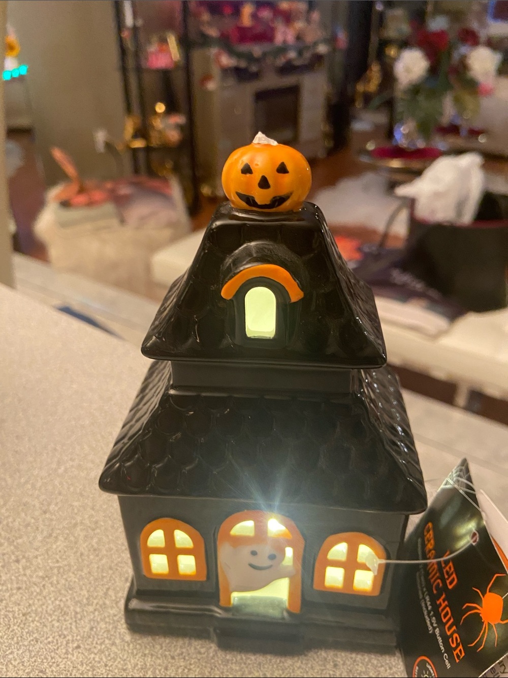 Halloween Ceramic Haunted House Night Light - Black and Orange